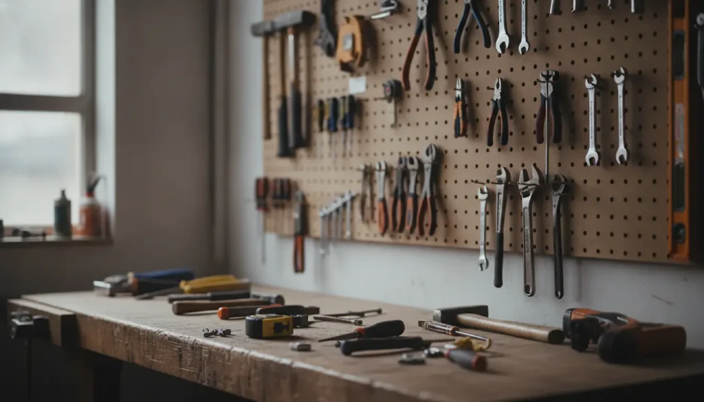 Panneau perforé d'atelier bricolage avec outils accrochés et établi en bois au premier plan