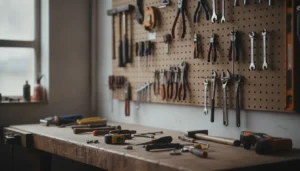 Panneau perforé d'atelier bricolage avec outils accrochés et établi en bois au premier plan