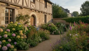 Maison normande à colombages et pierres calcaires à Pont-l'Évêque, façade ancienne avec jardin normand, lumière naturelle matinale