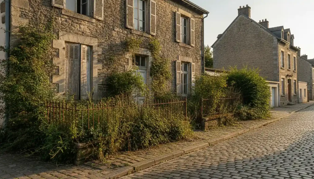 Maison bourgeoise ancienne en pierre lorraine à rénover dans le centre de Thionville, façade patinée et volets en bois, rue pavée