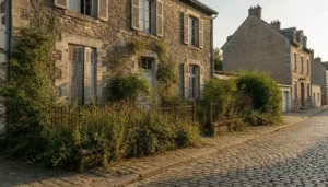 Maison bourgeoise ancienne en pierre lorraine à rénover dans le centre de Thionville, façade patinée et volets en bois, rue pavée