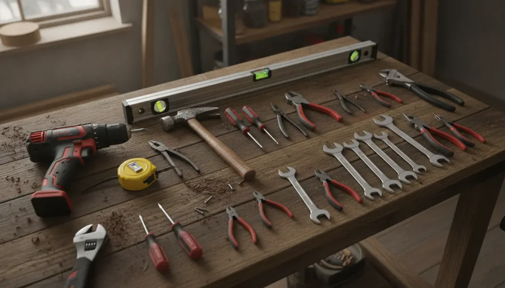 Atelier de bricolage bien équipé avec perceuse sans fil, marteau, mètre ruban et tournevis disposés sur établi en bois