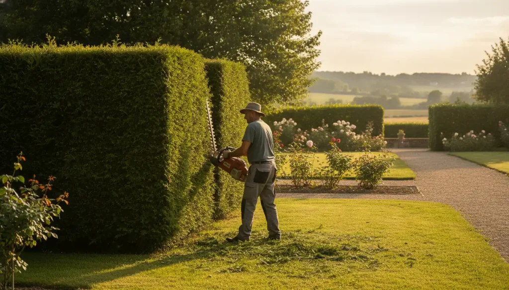 Jardinier taillant une haie de thuyas avec un taille-haie électrique dans un jardin résidentiel