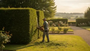 Jardinier taillant une haie de thuyas avec un taille-haie électrique dans un jardin résidentiel