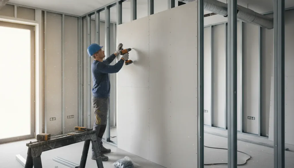 Pose d'une cloison en plaques de plâtre sur ossature métallique dans une pièce en cours de rénovation