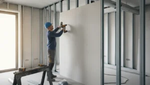 Pose d'une cloison en plaques de plâtre sur ossature métallique dans une pièce en cours de rénovation