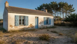 Maison vendéenne de plain-pied à rénover avec volets bleus, jardin ensablé et pins maritimes à Notre-Dame-de-Monts
