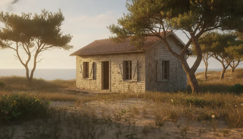 Maison en bardage bois patiné à rénover sur la presqu'île du Cap Ferret, végétation dunaire et lumière dorée de fin de journée