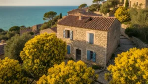 Maison provençale en pierre calcaire à rénover à Bormes-les-Mimosas, façade patinée avec volets bleus, mimosas en fleur et mer Méditerranée en arrière-plan
