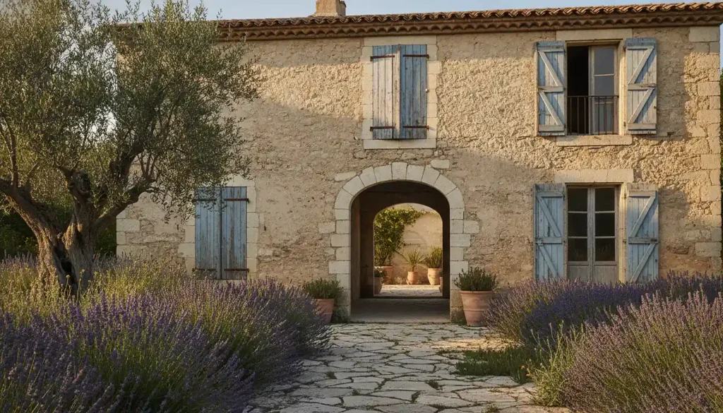 Maison provençale ancienne à rénover à Aix-en-Provence, façade en pierre calcaire claire, volets bois bleus, jardin avec lavande et olivier, lumière dorée