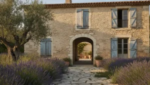 Maison provençale ancienne à rénover à Aix-en-Provence, façade en pierre calcaire claire, volets bois bleus, jardin avec lavande et olivier, lumière dorée