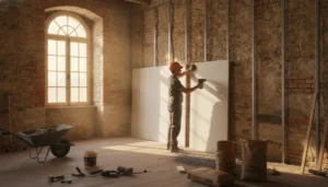 Artisan posant des plaques d'isolation sur des murs en pierre, chantier de rénovation intérieure d'une maison ancienne, lumière naturelle
